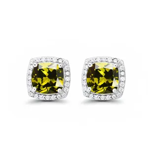 24k White Gold Plated 3 Ct Created Halo Princess Cut Peridot Stud Earrings