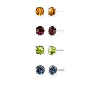 24k White Gold Plated 3Ct Created Citrine, Garnet, Peridot and Alexandrite 4 Pair Round Stud Earrings