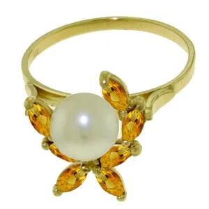 2.65 Carat 14K Solid Yellow Gold Ring Natural Citrine Pearl