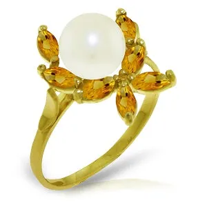 2.65 Carat 14K Solid Yellow Gold Ring Natural Citrine Pearl