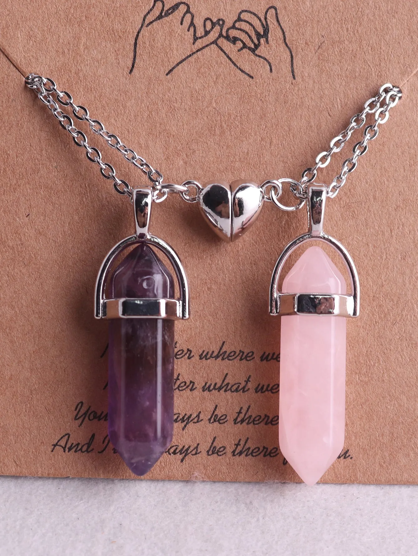 2Pcs/Set Hexagonal Amethyst Rose Quartz Pendant Necklace For Couple Friends Gift