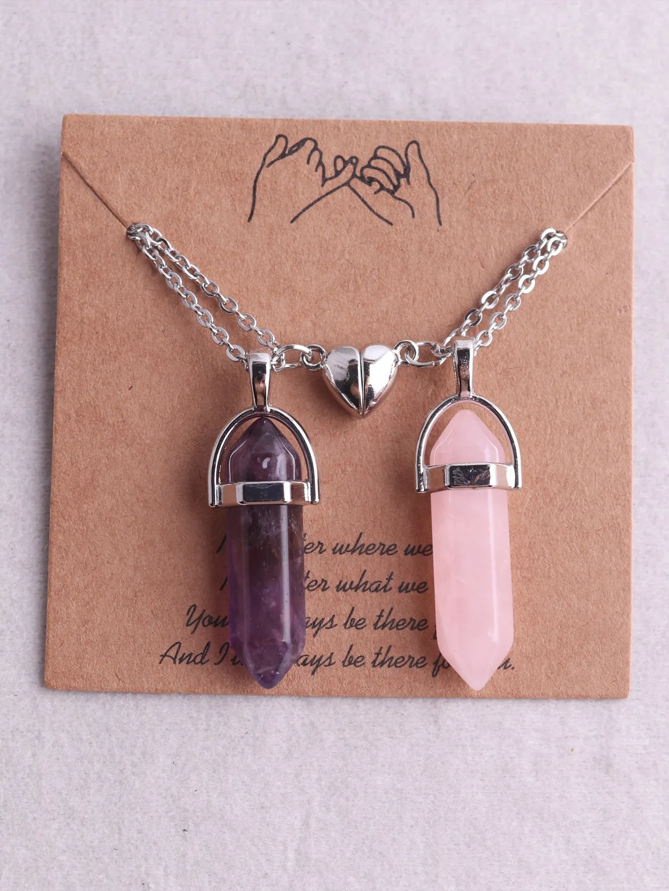 2Pcs/Set Hexagonal Amethyst Rose Quartz Pendant Necklace For Couple Friends Gift