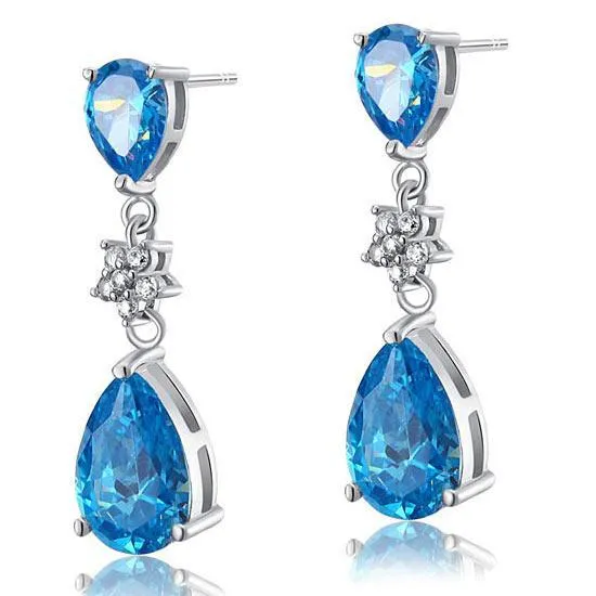 3.5 Carat Blue Pear Cut Created Topaz 925 Sterling Silver Dangle Earrings MXFE8015