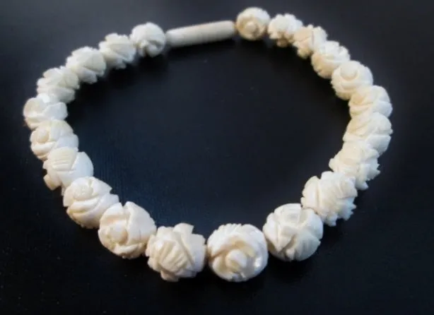 8" Hand Carved BONE ROSE Floral Flower Beaded Bracelet Bangle Arm Band WHITE