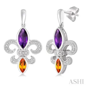 8x4 MM Marquise Cut Amethyst, 6x3 MM Marquise Cut Citrine and 1/20 Ctw Round Cut Diamond Fleur De Lis Earrings in Sterling Silver