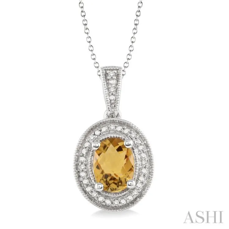 8x6 MM Oval Cut Citrine and 1/20 Ctw Single Cut Diamond Pendant in Sterling Silver with Chain