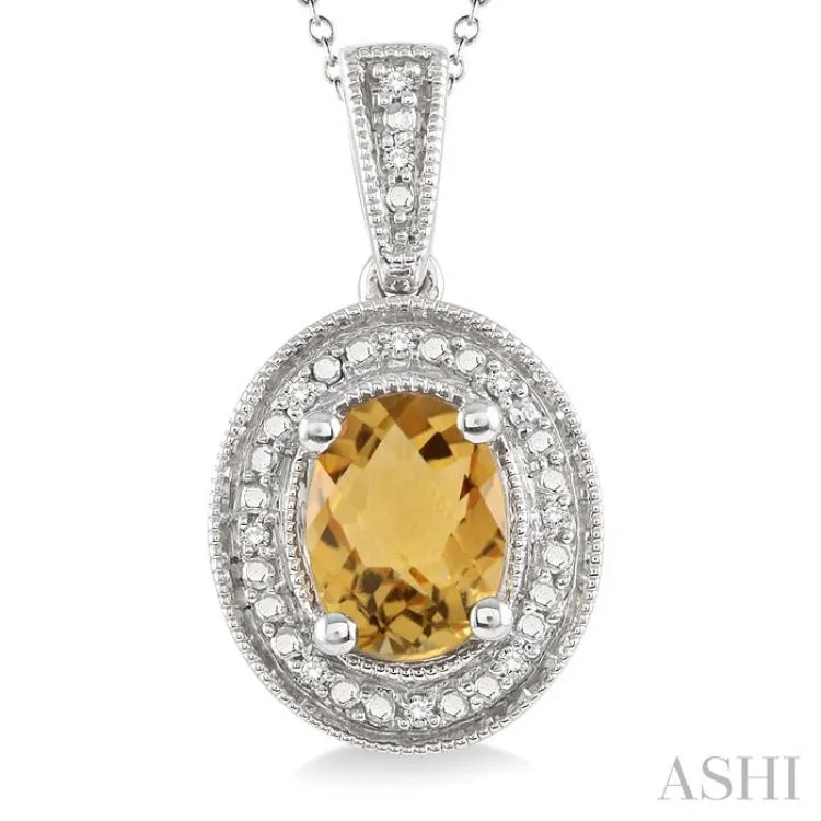 8x6 MM Oval Cut Citrine and 1/20 Ctw Single Cut Diamond Pendant in Sterling Silver with Chain