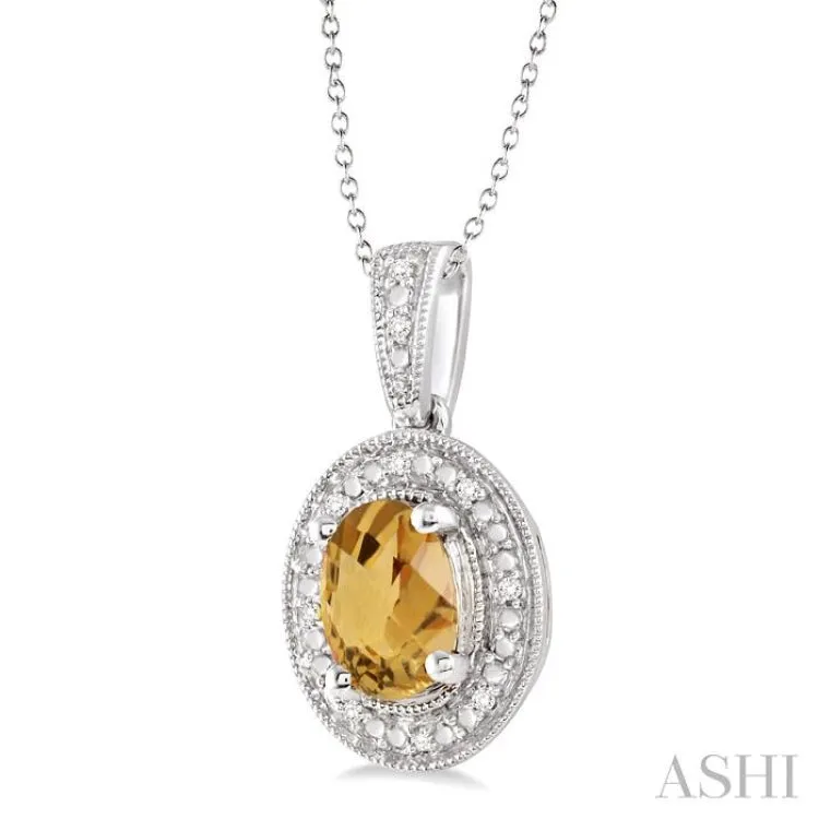 8x6 MM Oval Cut Citrine and 1/20 Ctw Single Cut Diamond Pendant in Sterling Silver with Chain