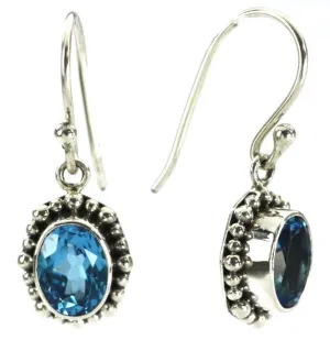 925 Sterling Silver Bali Oval Swiss Blue Topaz Beaded Drop Earrings