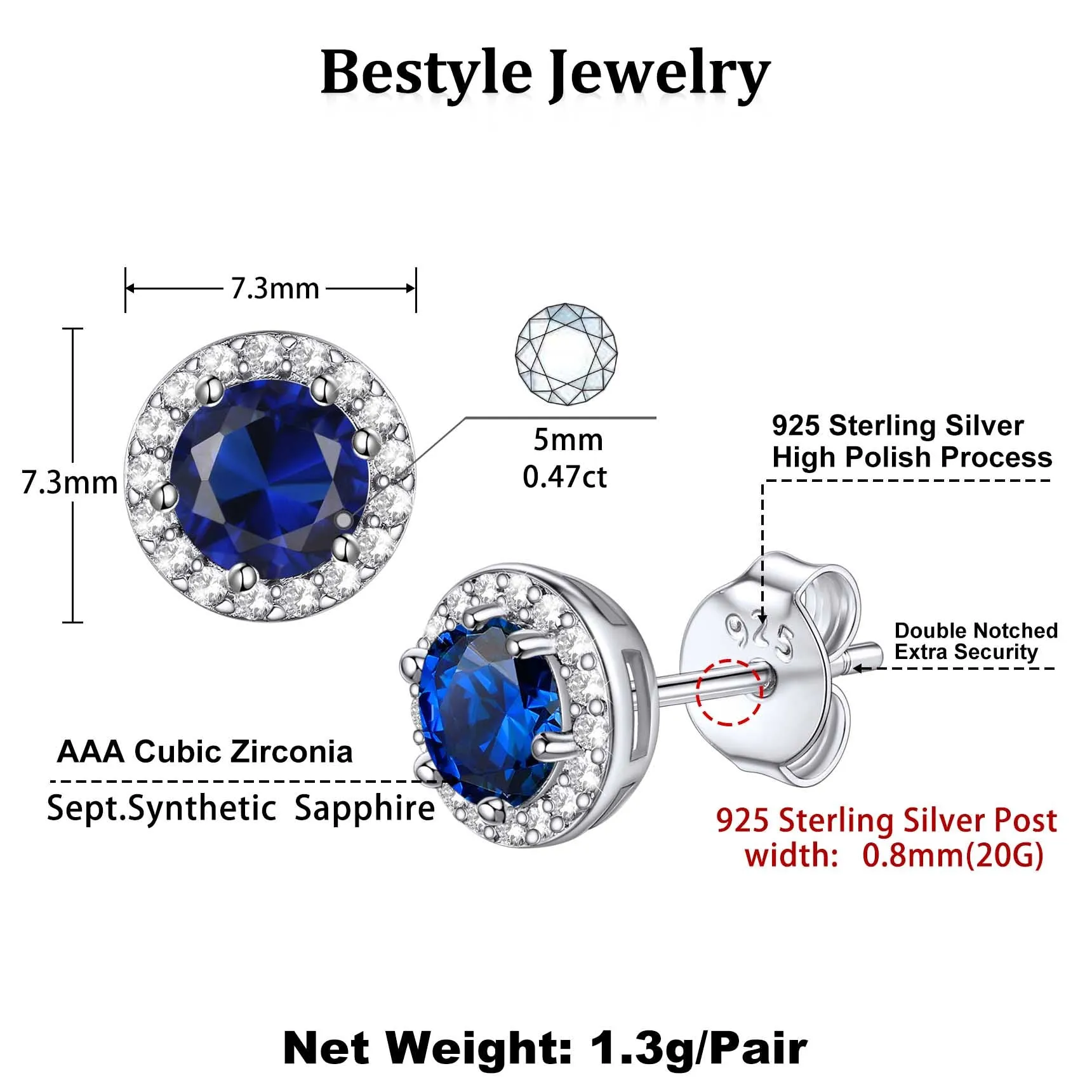 925 Sterling Silver Cubic Zirconia Birthstone Stud Earrings for Men Women