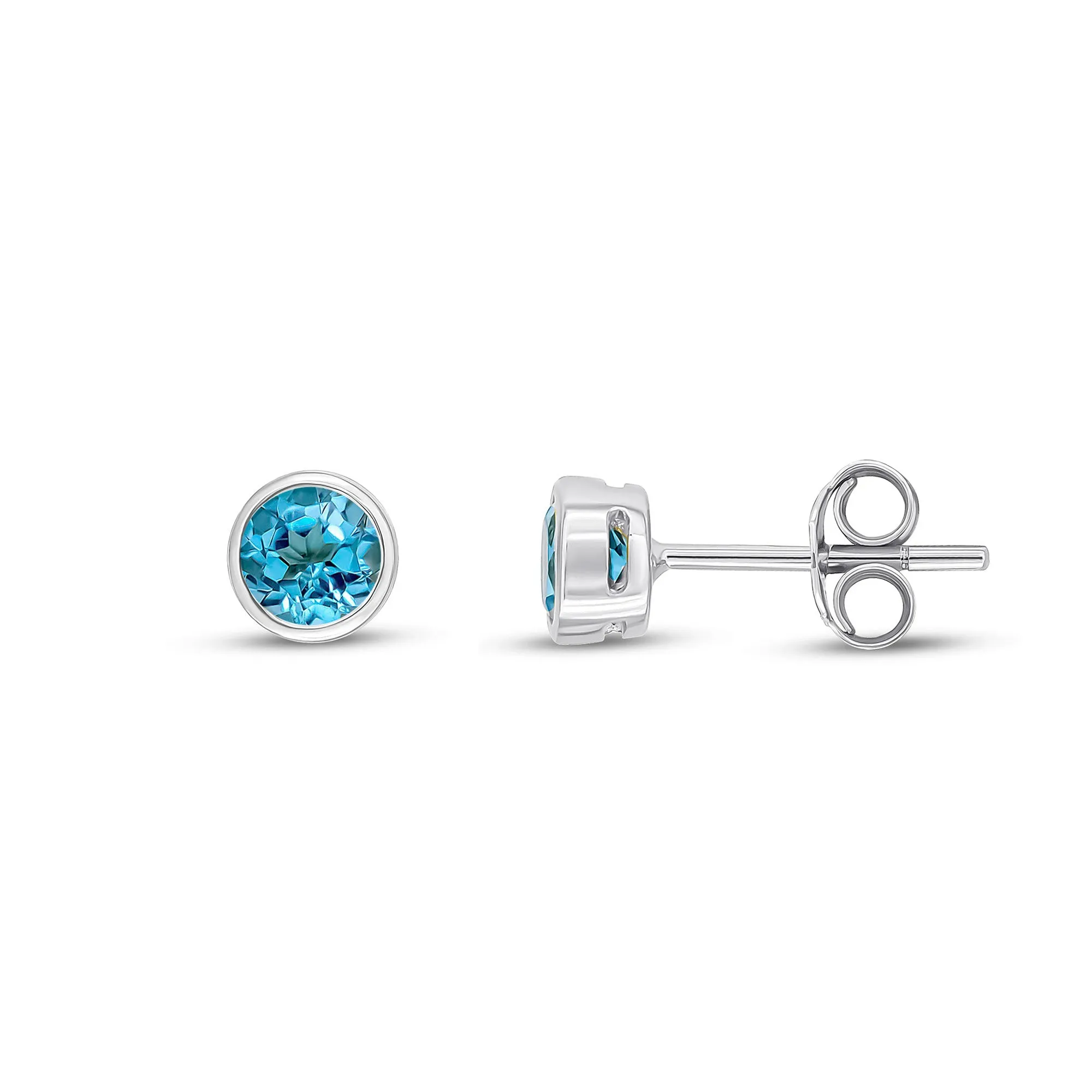 9ct White Gold 4mm Swiss Blue Topaz Rubover Stud Earrings 0.58ct