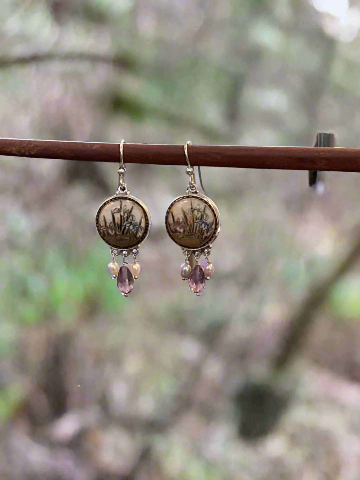 Antique Button Earrings-Satsuma Porcelain Painted Button