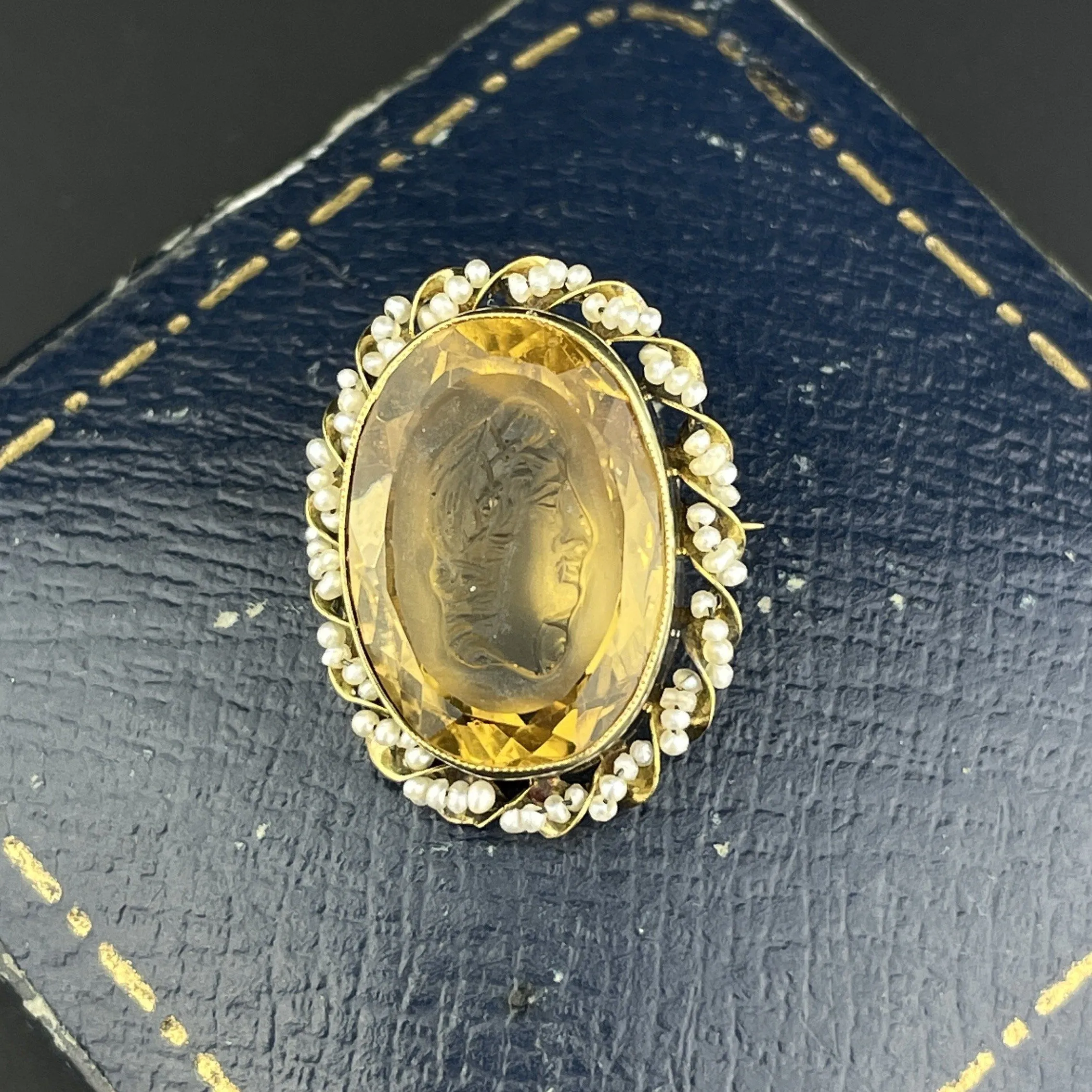 Antique Cameo Citrine Seed Pearl 14K Gold Brooch