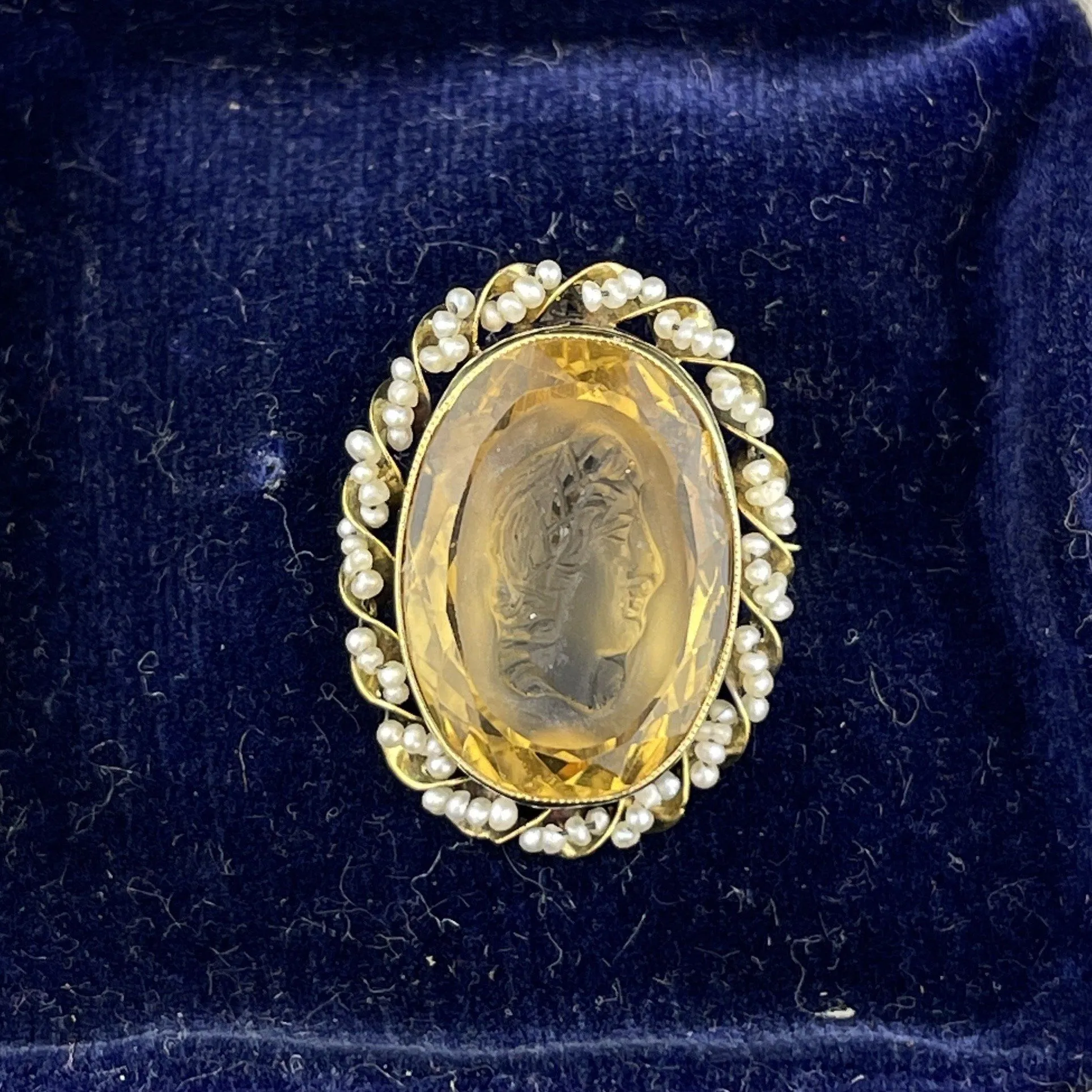 Antique Cameo Citrine Seed Pearl 14K Gold Brooch