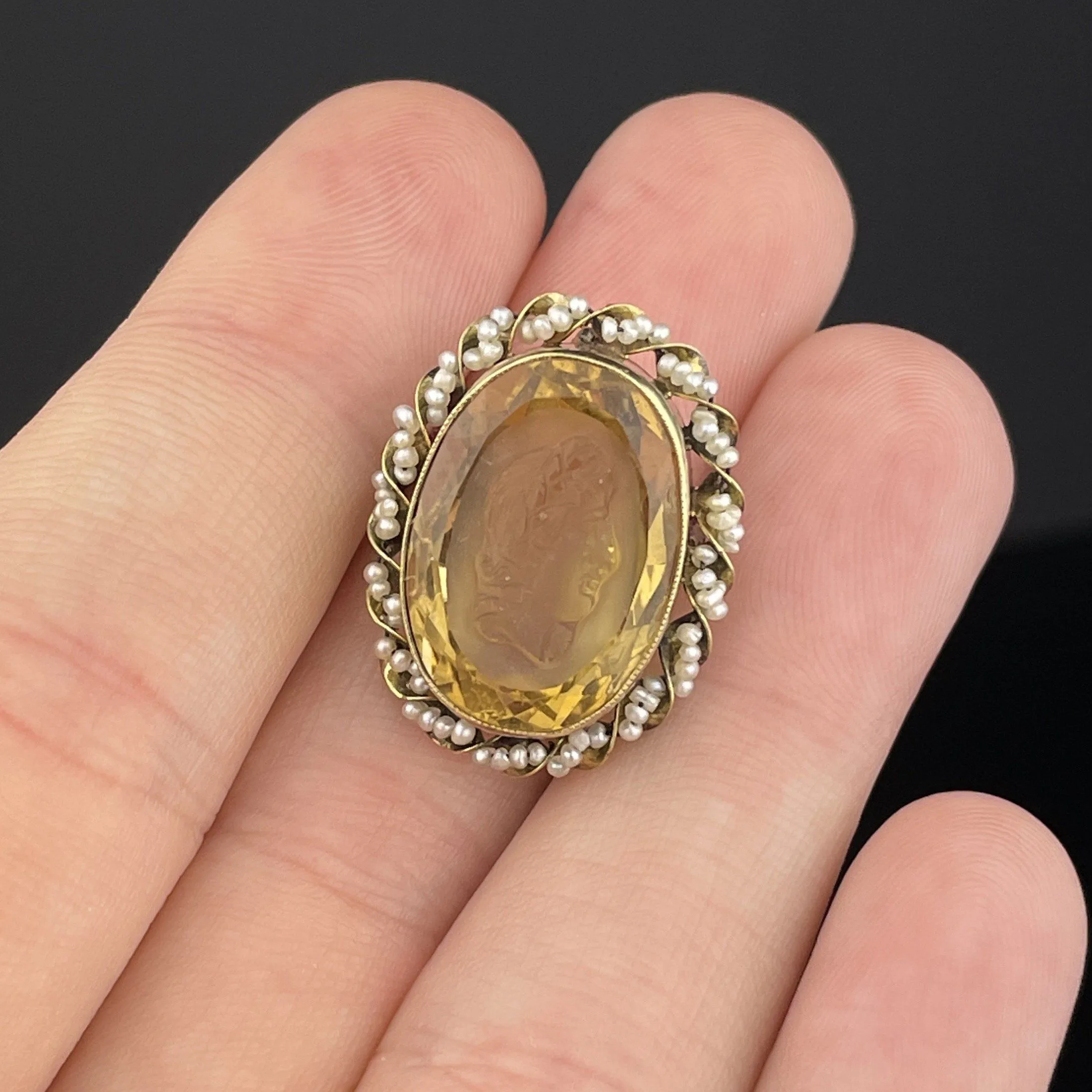 Antique Cameo Citrine Seed Pearl 14K Gold Brooch