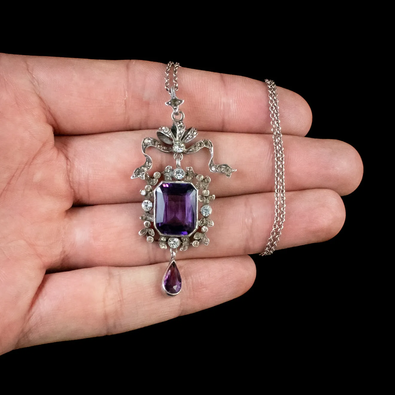 Antique Edwardian Paste Amethyst Pendant Necklace Silver Boxed Harvey And Gore Circa 1905