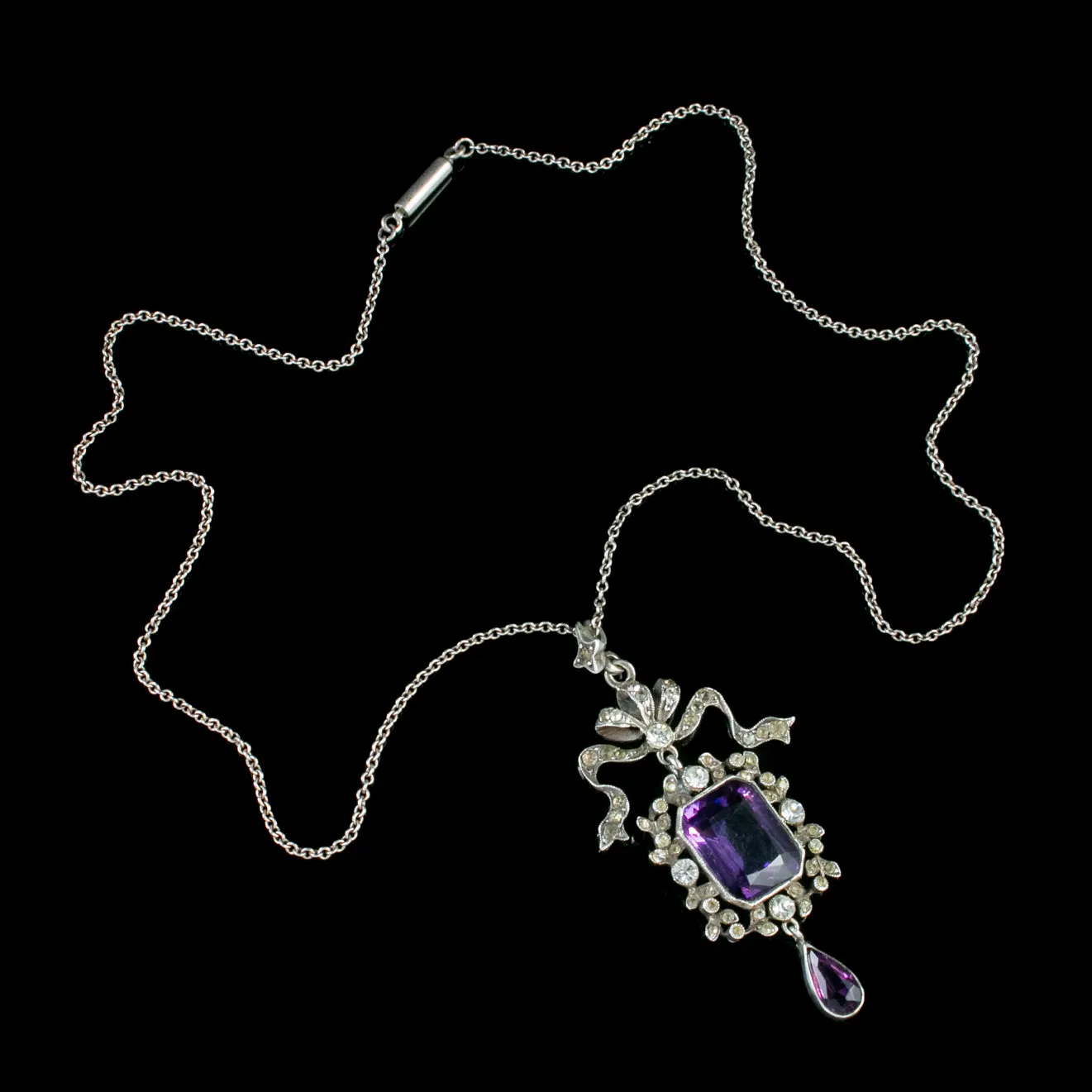 Antique Edwardian Paste Amethyst Pendant Necklace Silver Boxed Harvey And Gore Circa 1905