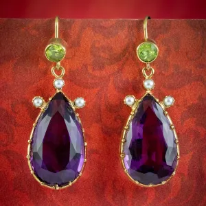 Antique Edwardian Suffragette Amethyst Peridot Pearl Earrings 18ct Gold Circa 1910