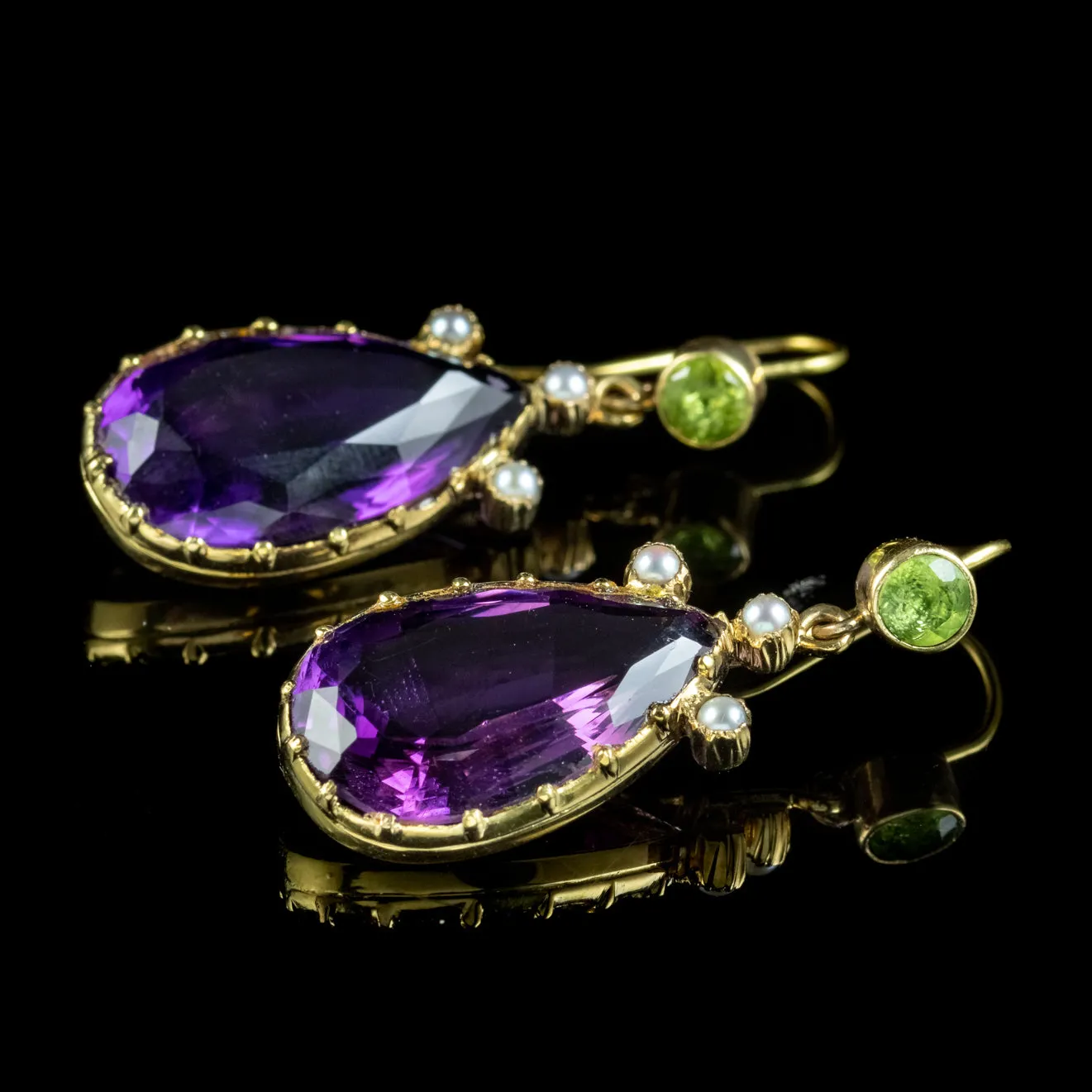 Antique Edwardian Suffragette Amethyst Peridot Pearl Earrings 18ct Gold Circa 1910