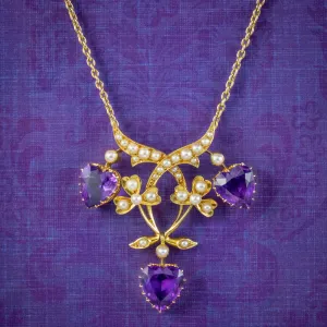 Antique Victorian Amethyst Heart Lavaliere Necklace 18ct Gold