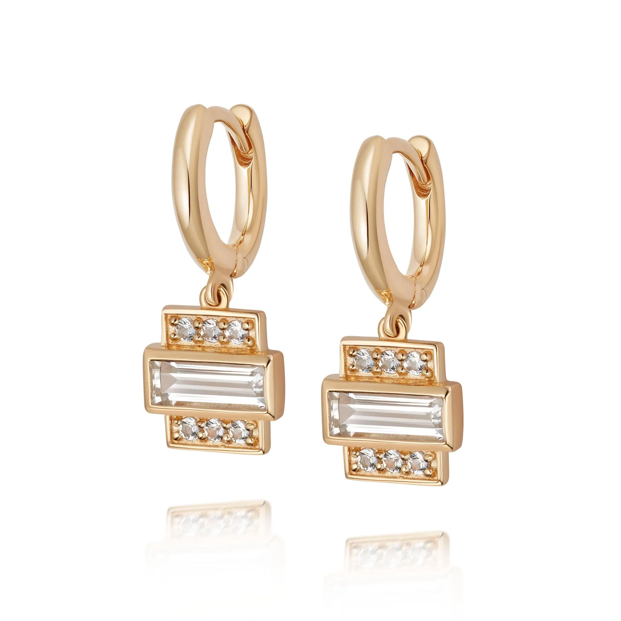 Beloved White Topaz Baguette Drop Earrings 18ct Gold Plate