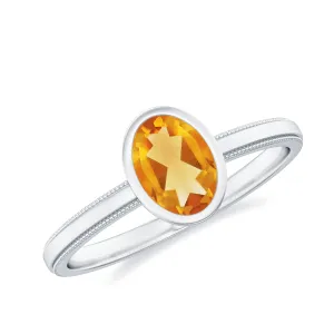 Bezel Set Oval Citrine Solitaire Ring with Beaded Detailing