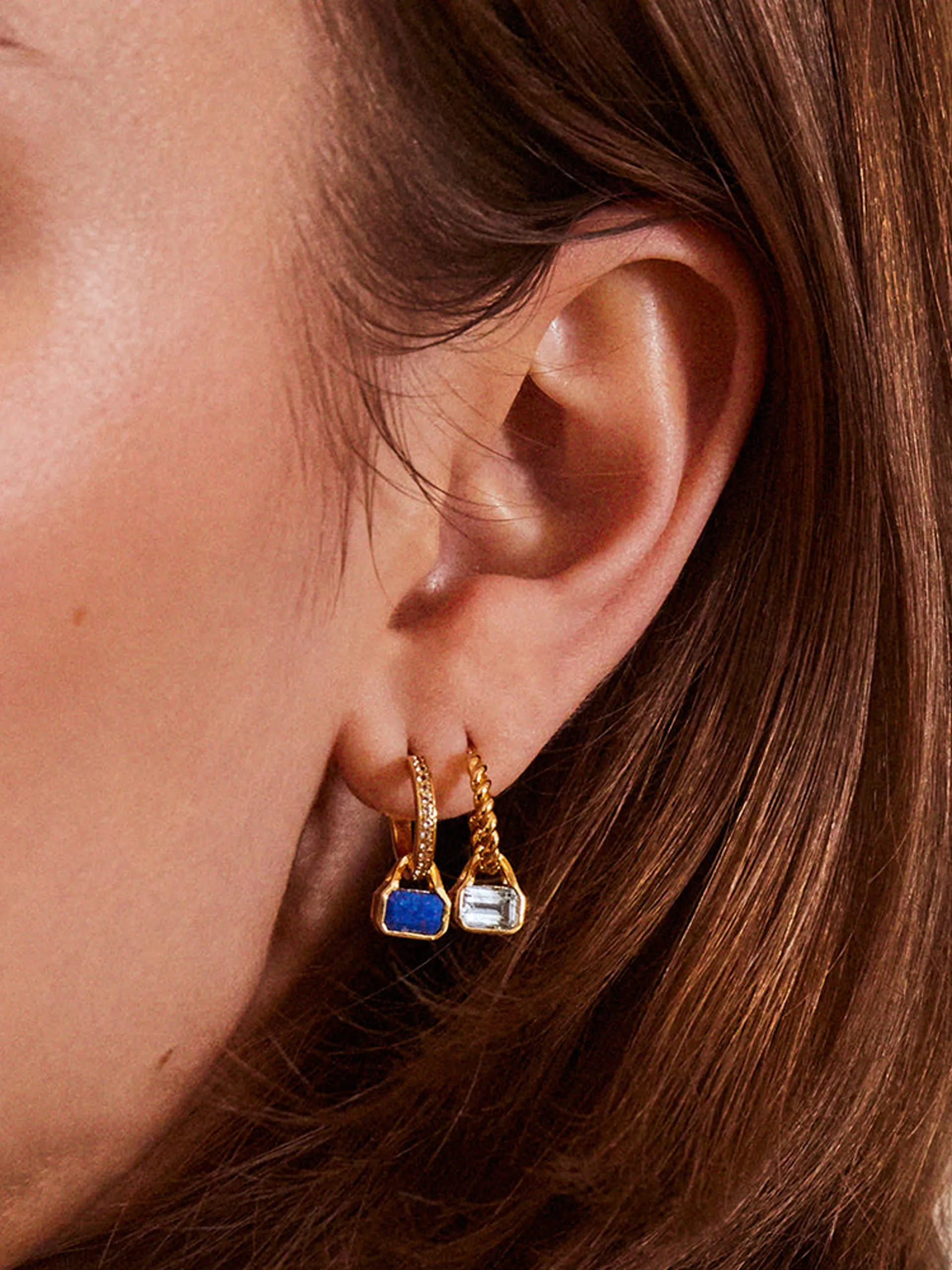 Blue Lapis charms on white topaz hoop earrings