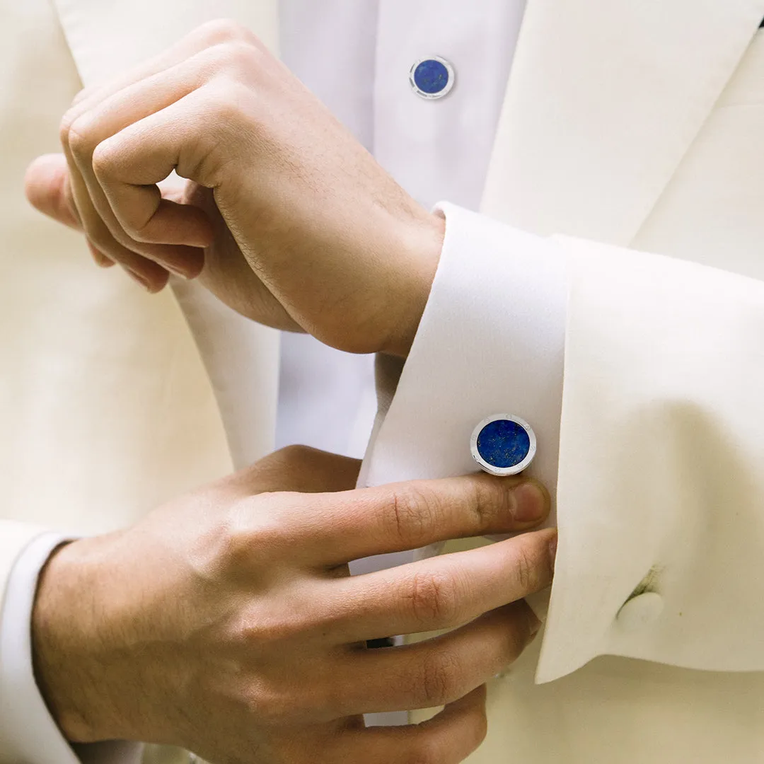 Blue Lapis Rivet Etch Sterling Cufflinks & Studs