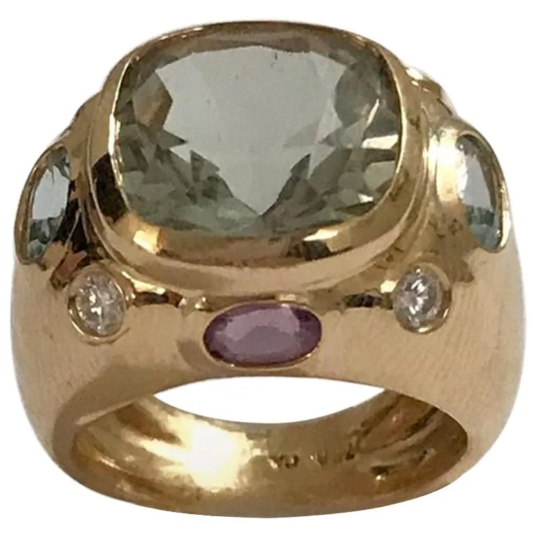 Bonheur Domed Ring with Blue Topaz, Amethyst and Diamond