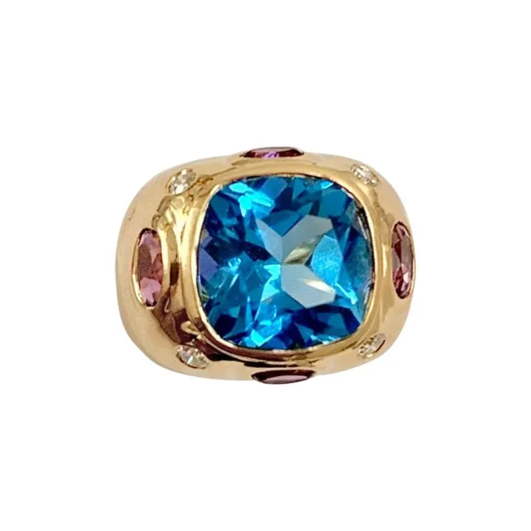 Bonheur Domed Ring with Blue Topaz, Amethyst and Diamond