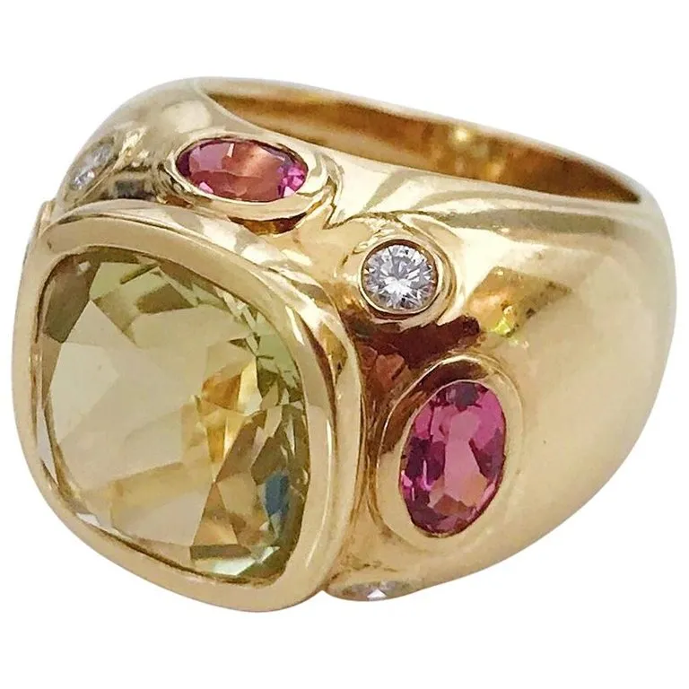 Bonheur Domed Ring with Blue Topaz, Amethyst and Diamond