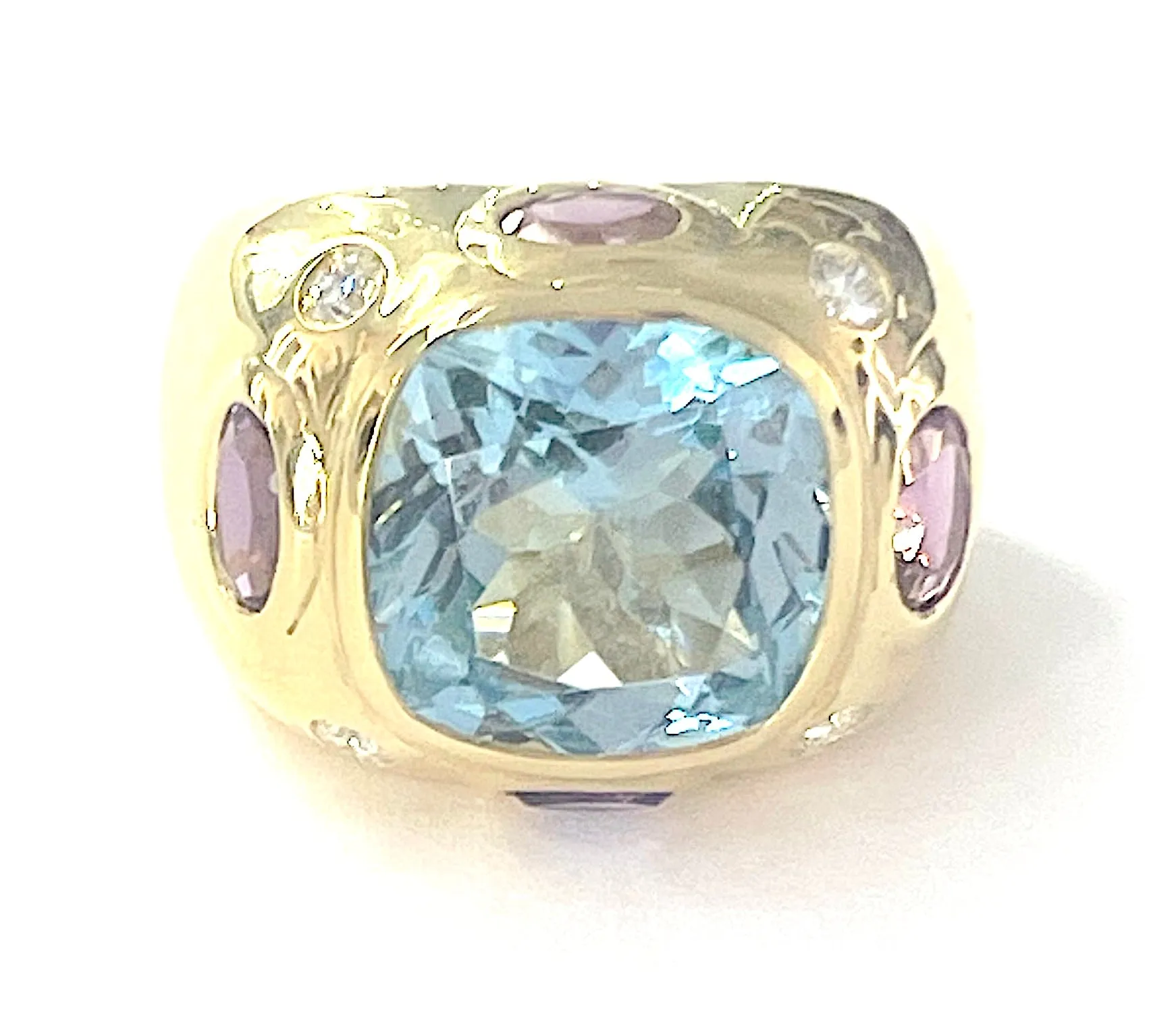 Bonheur Domed Ring with Blue Topaz, Amethyst and Diamond