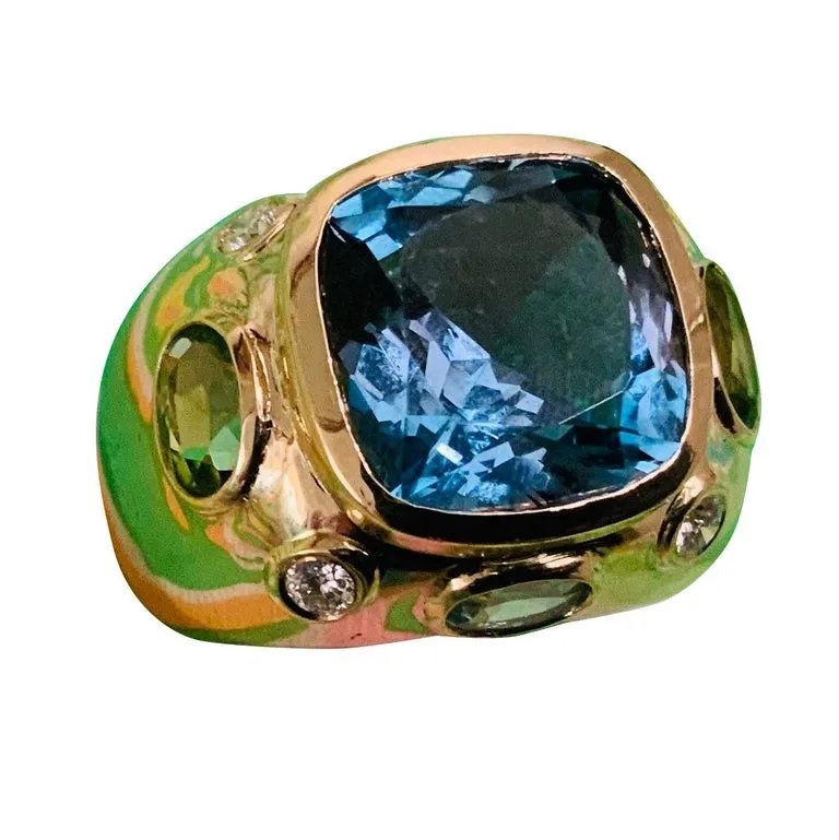 Bonheur Domed Ring with Blue Topaz, Amethyst and Diamond