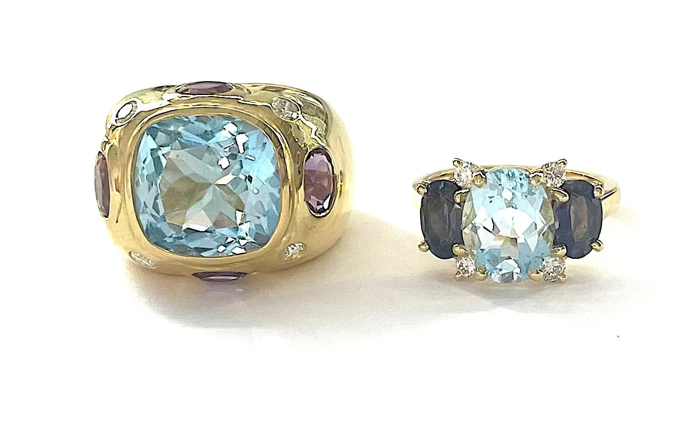 Bonheur Domed Ring with Blue Topaz, Amethyst and Diamond