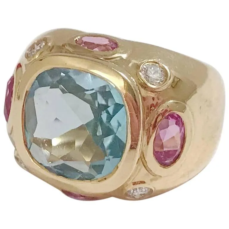 Bonheur Ring with Blue Topaz, Amethyst and Diamond Domed Ring