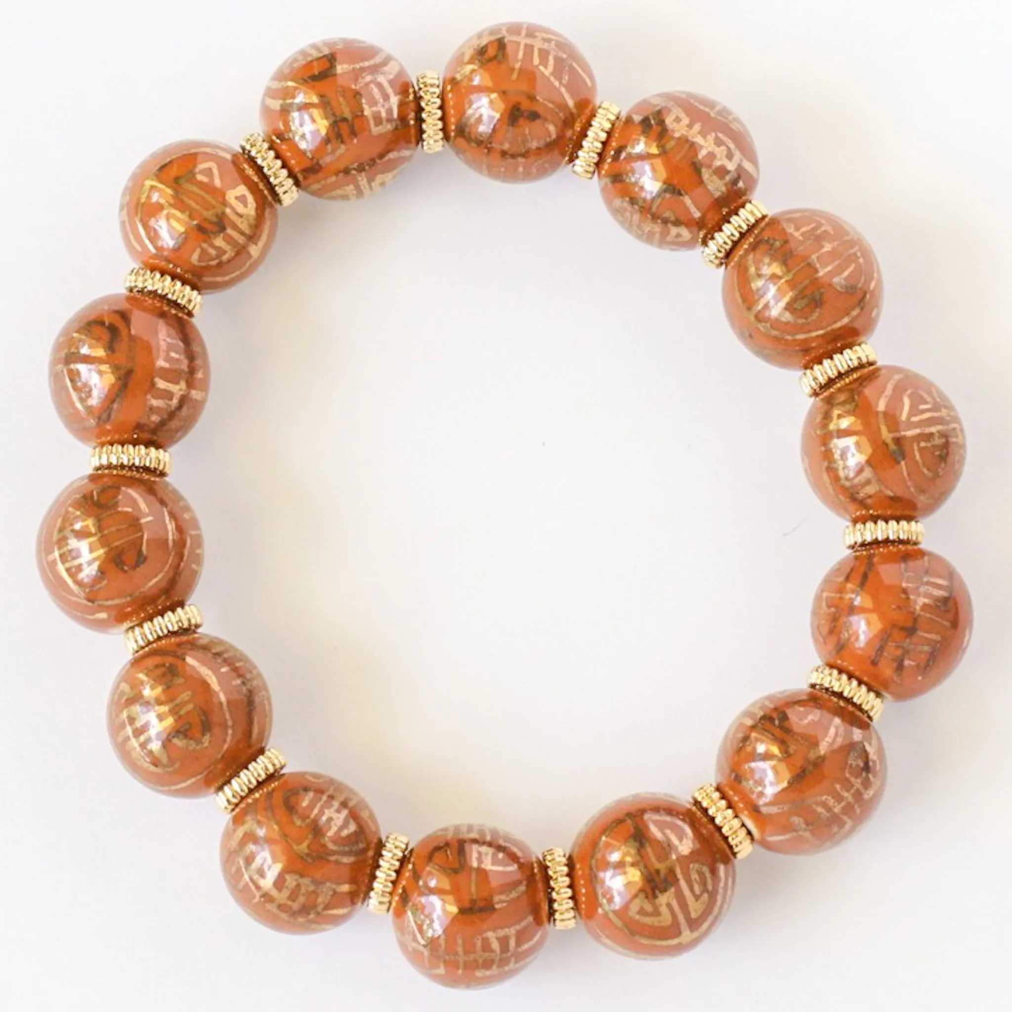 Caramel & Gold Chinoiserie Beaded Bracelet