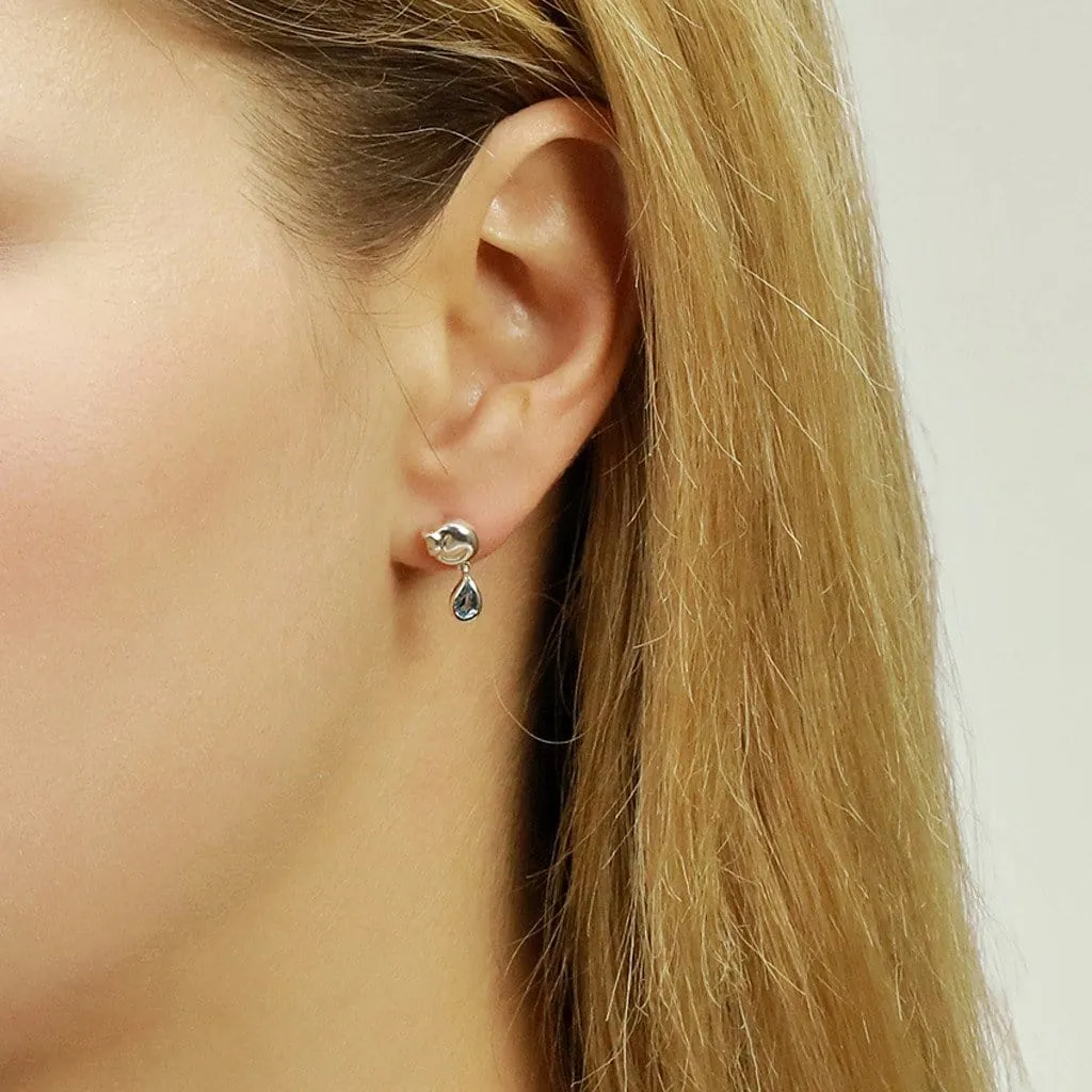 Cat Stud Earrings with blue topaz