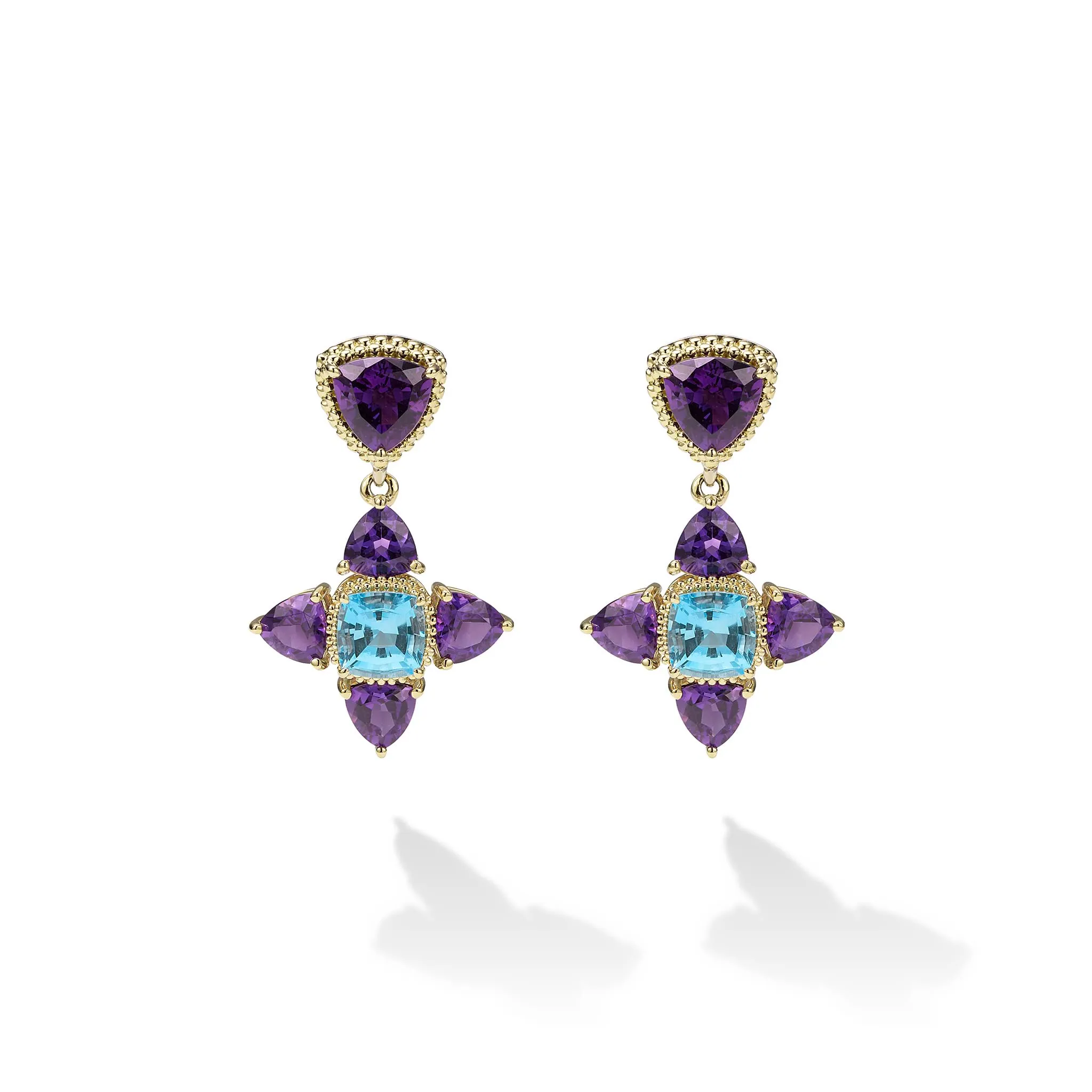 Caviar Color Two-Tone Amethyst and Swiss Blue Topaz Floral Drop Earrings