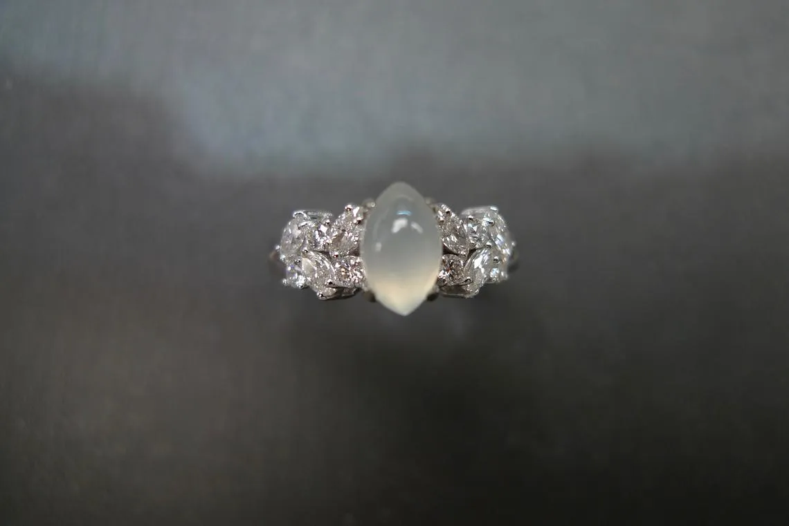 Certified Marquise Cut Natural Icy White Jade & Diamond Ring in White Gold