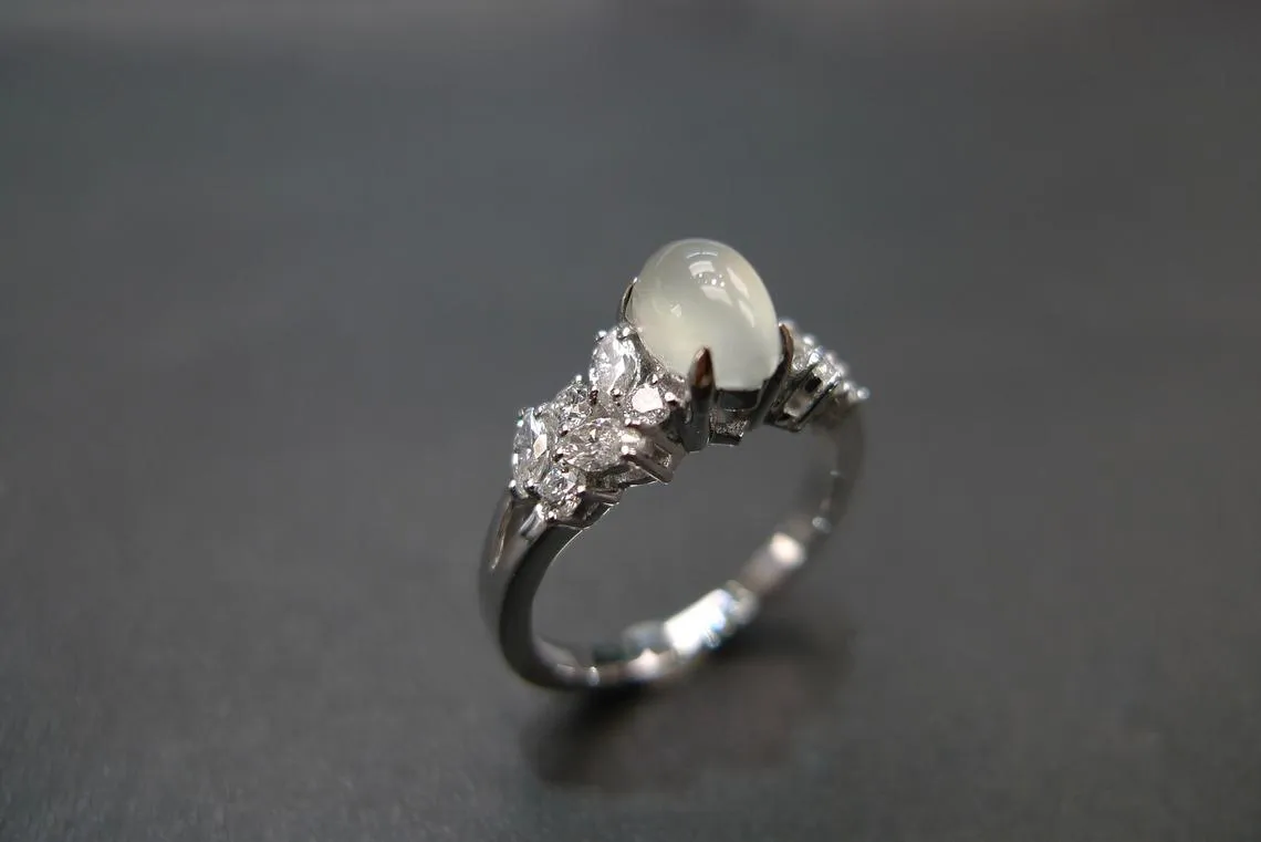 Certified Marquise Cut Natural Icy White Jade & Diamond Ring in White Gold