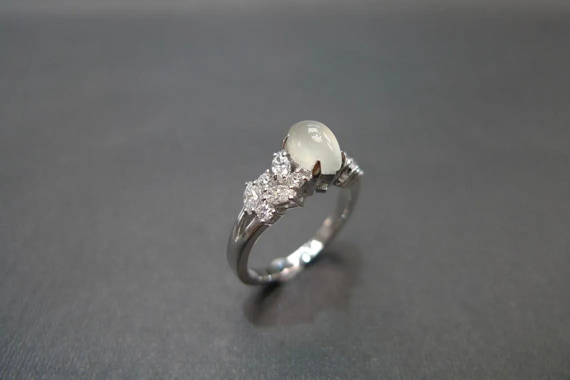 Certified Marquise Cut Natural Icy White Jade & Diamond Ring in White Gold