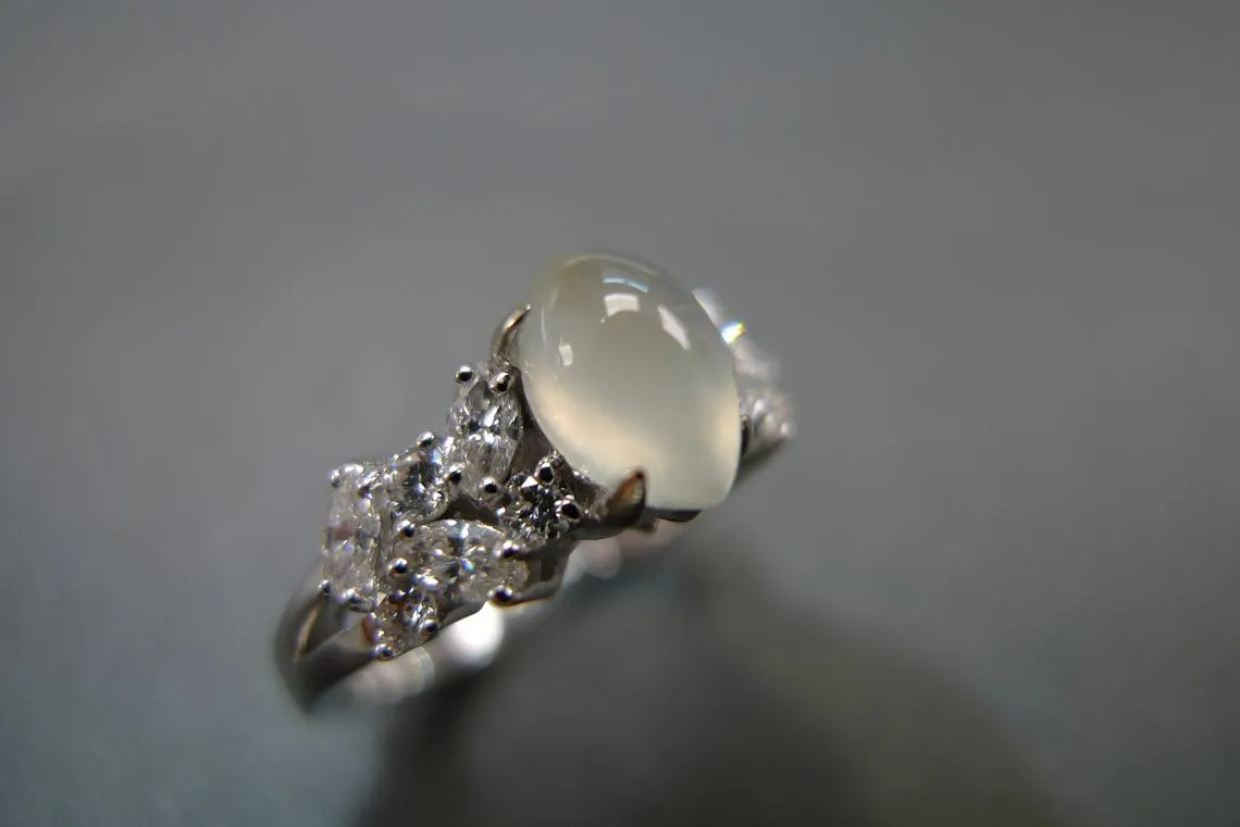 Certified Marquise Cut Natural Icy White Jade & Diamond Ring in White Gold