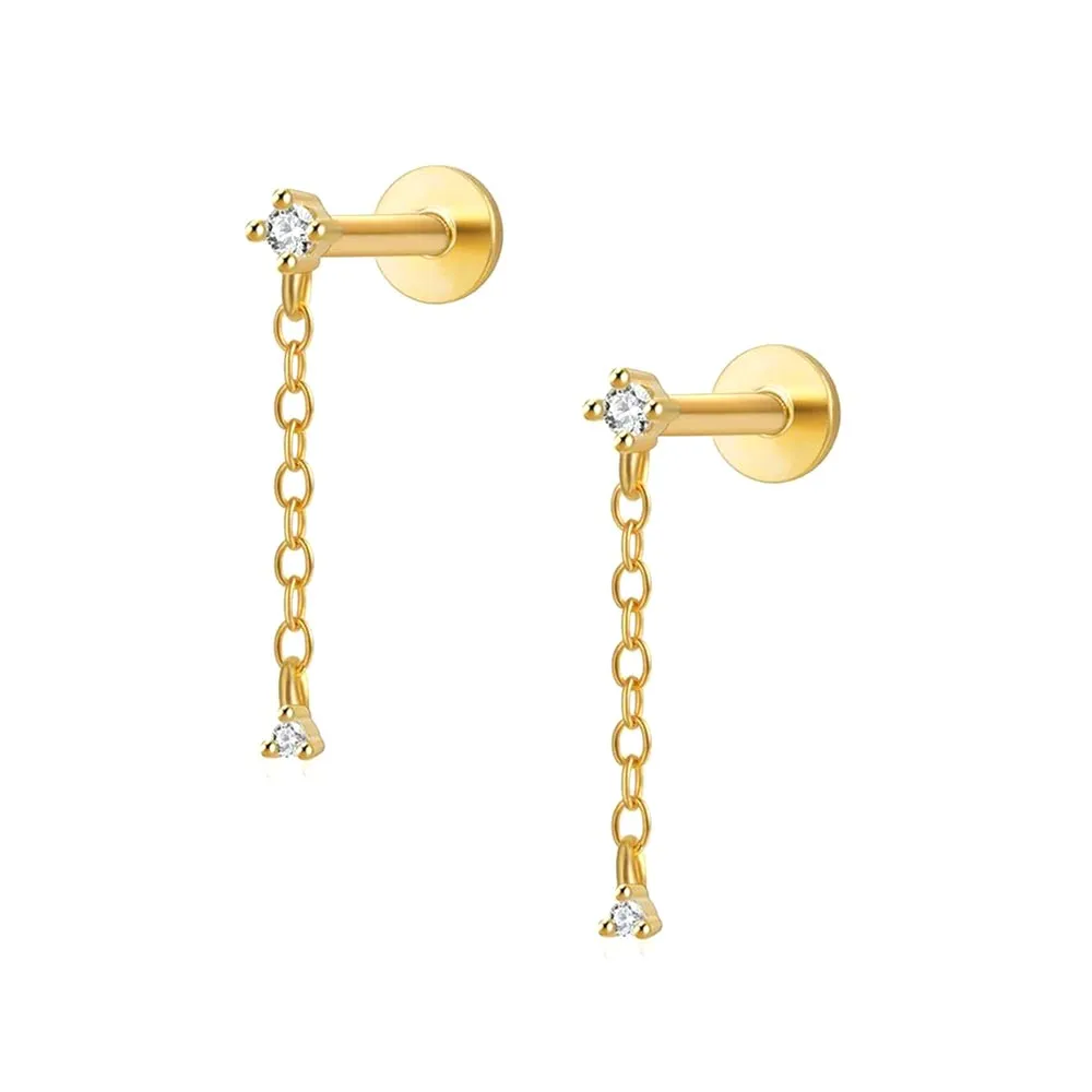 Chain Flat Stud Earrings with CZ Diamonds