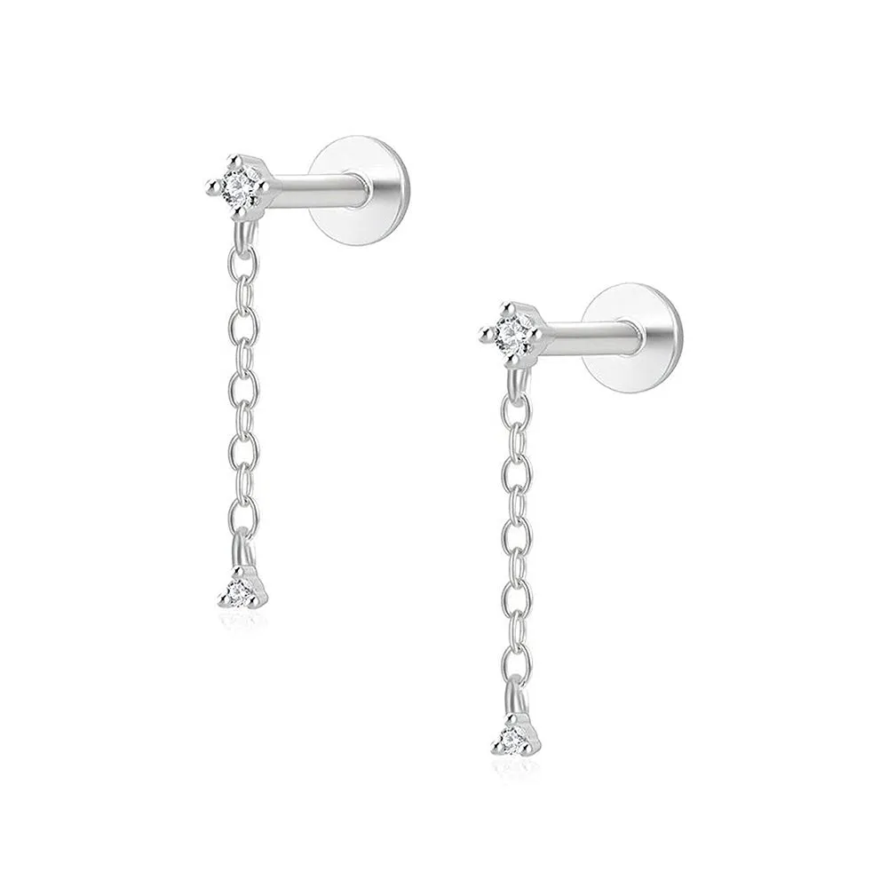 Chain Flat Stud Earrings with CZ Diamonds