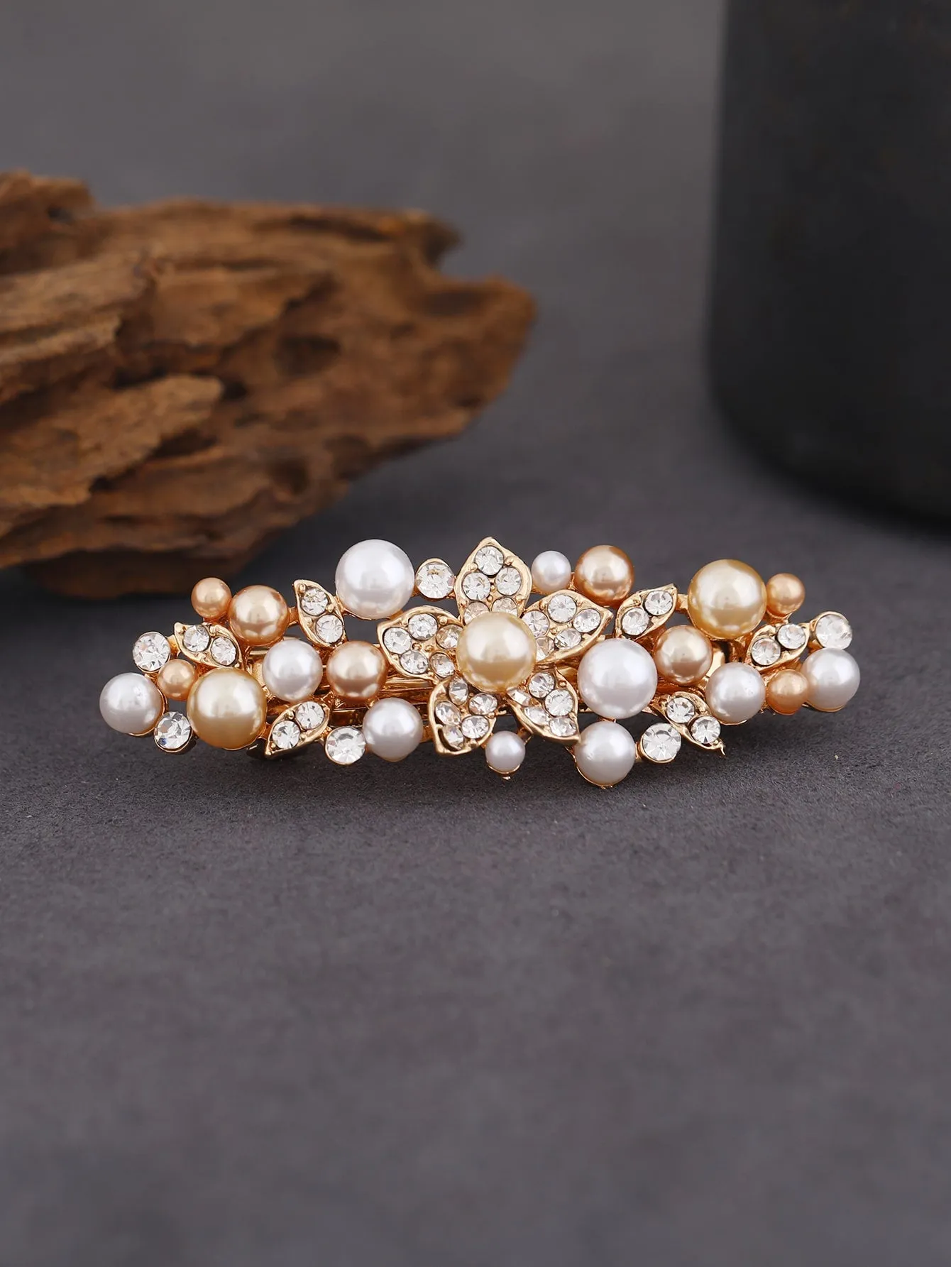 Champagne Faux Pearl & Rhinestone Decor French Clip for Women Barrette Styling