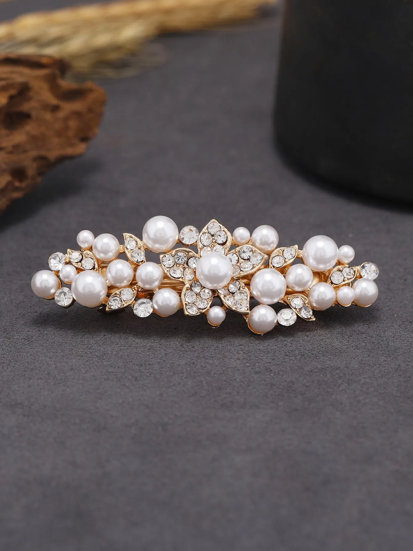 Champagne Faux Pearl & Rhinestone Decor French Clip for Women Barrette Styling