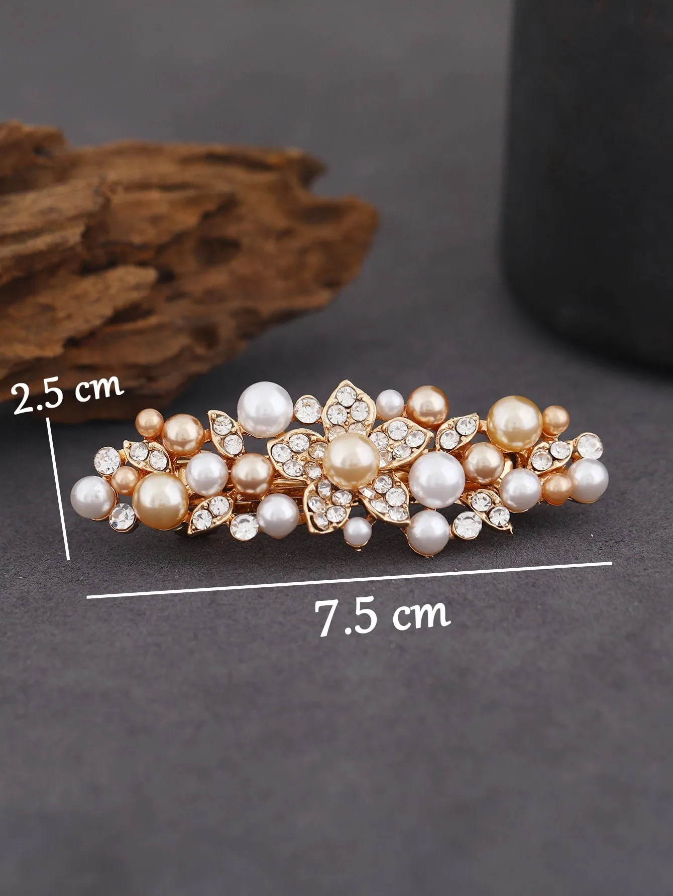 Champagne Faux Pearl & Rhinestone Decor French Clip for Women Barrette Styling