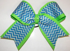 Chevron Blue Neon Green Cheer Bow