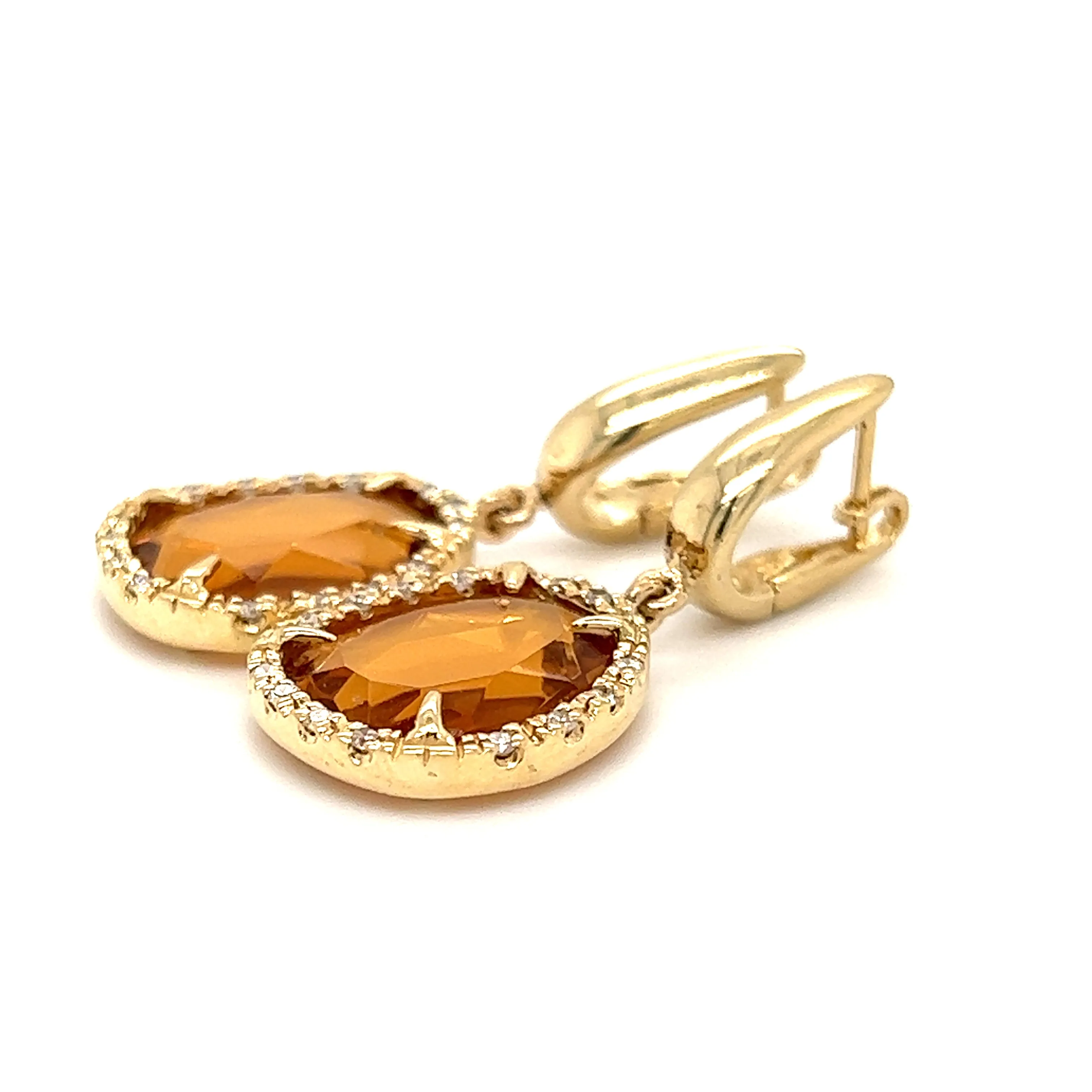 Citrine Dangle Earrings with Thirty Diamonds  in 14K Yellow Gold