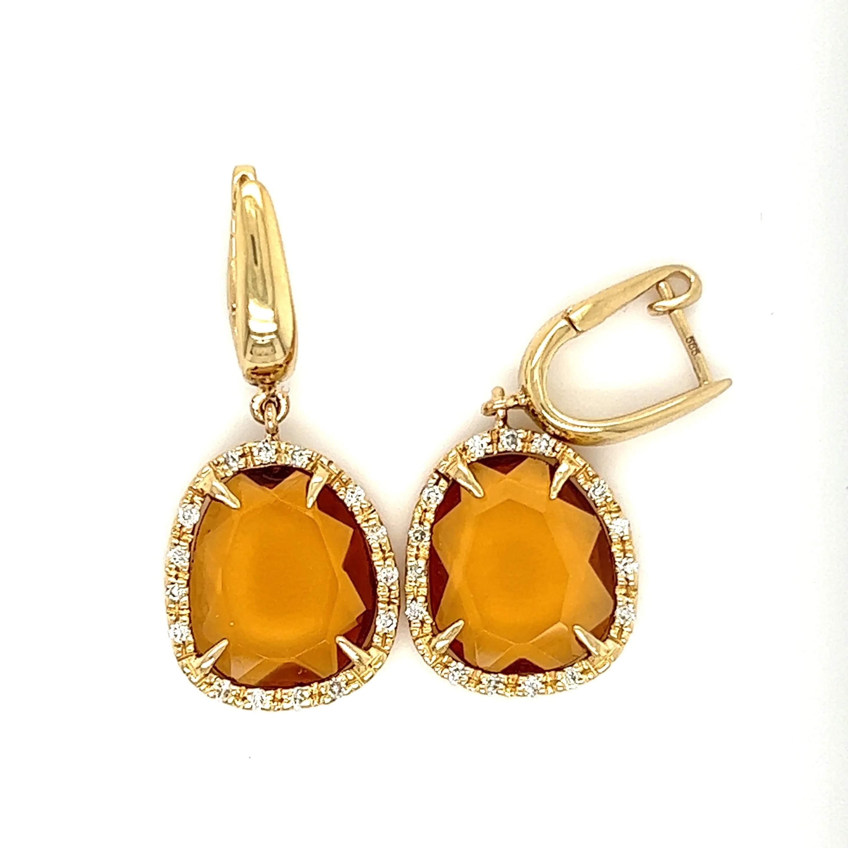 Citrine Dangle Earrings with Thirty Diamonds  in 14K Yellow Gold